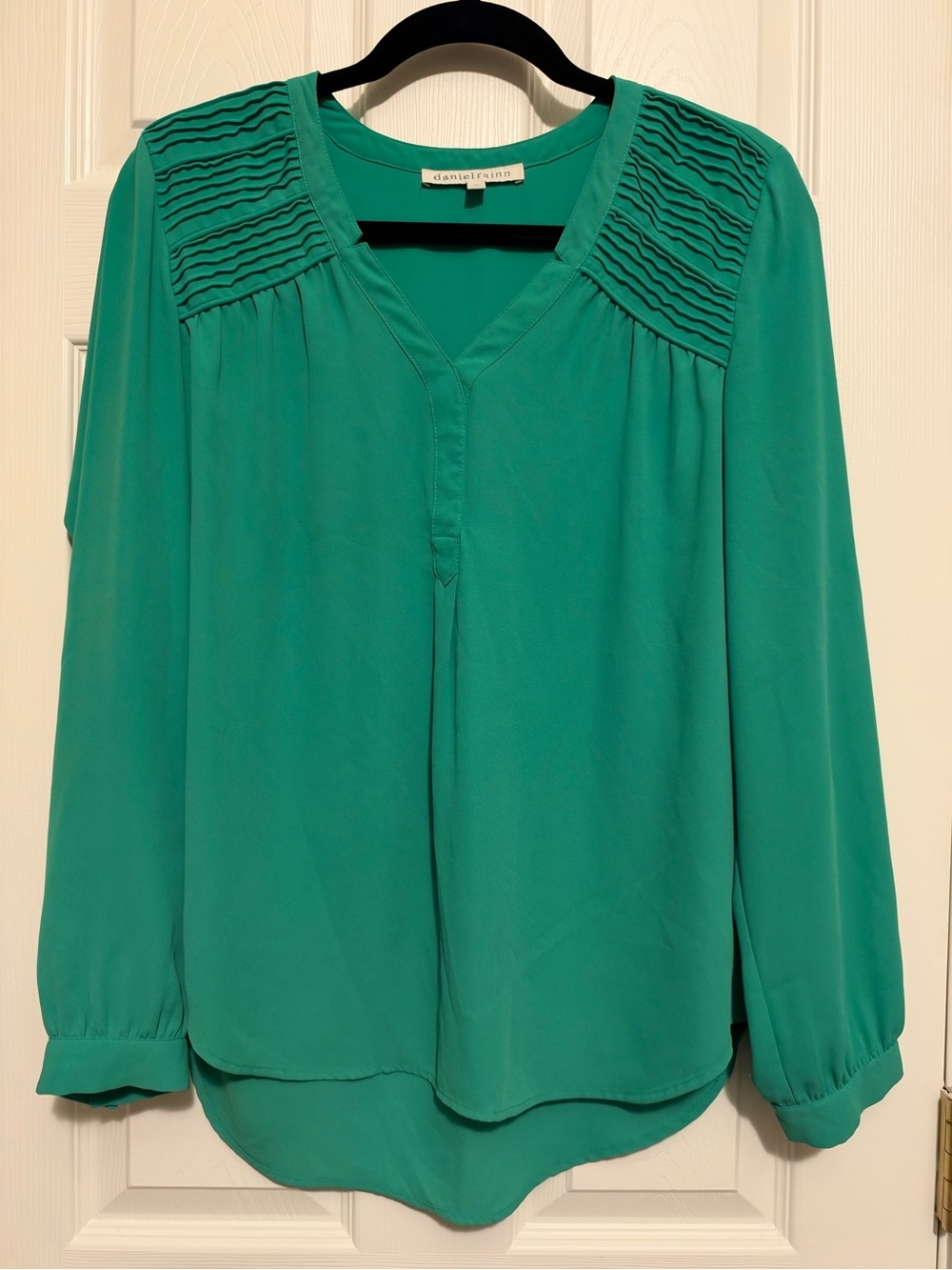 Daniel Rainn Teal V-Neck Pintuck Yoke Blouse